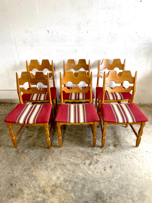 Henning Kjaernulf Oak Razorbacks Dining Chairs Primitive Brutalist Oak Set of 6