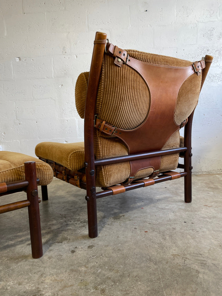Pair Scandinavian "Inca" Lounge Chairs with Ottoman Arne Norell