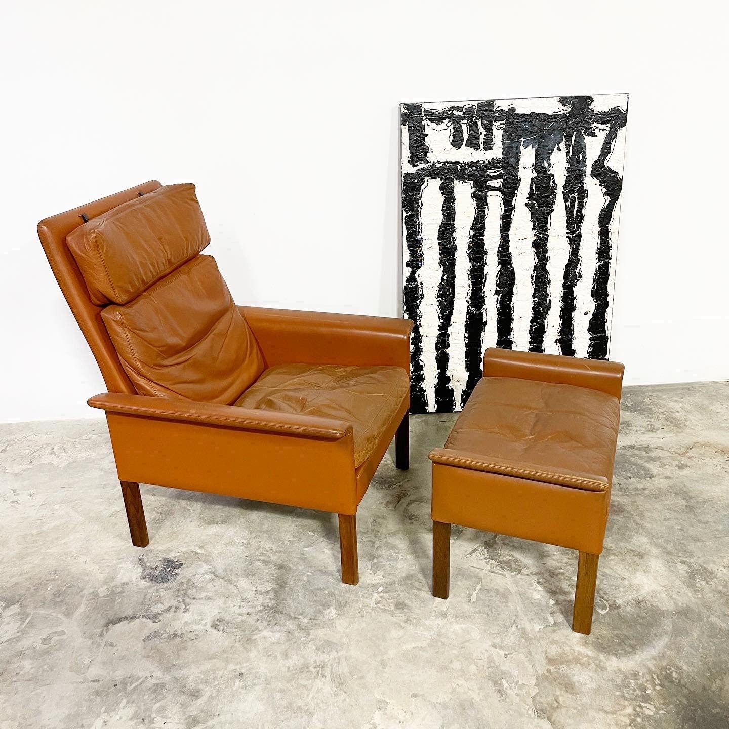 Hans Olsen Danish Modern Leather Rosewood Chair and Ottoman