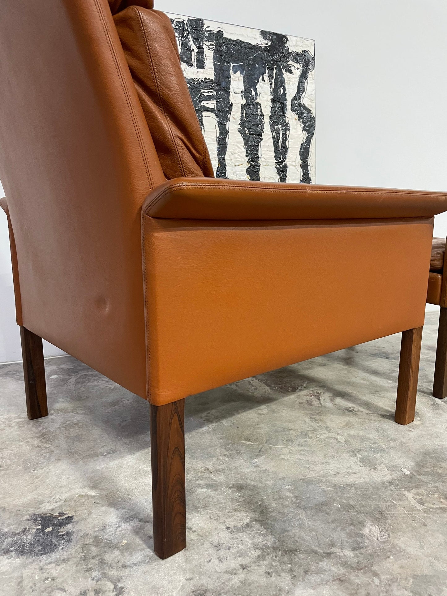 Hans Olsen Danish Modern Leather Rosewood Chair and Ottoman