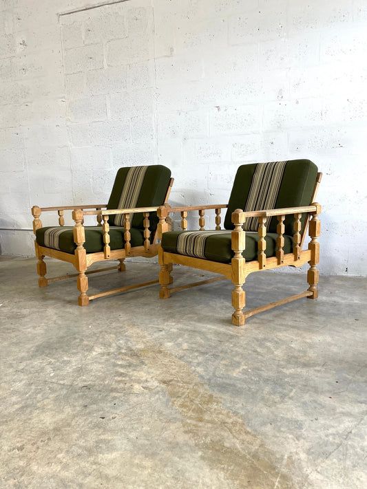 Henning Kjaernulf Oak Brutalist Rustic Danish Lounge Chairs