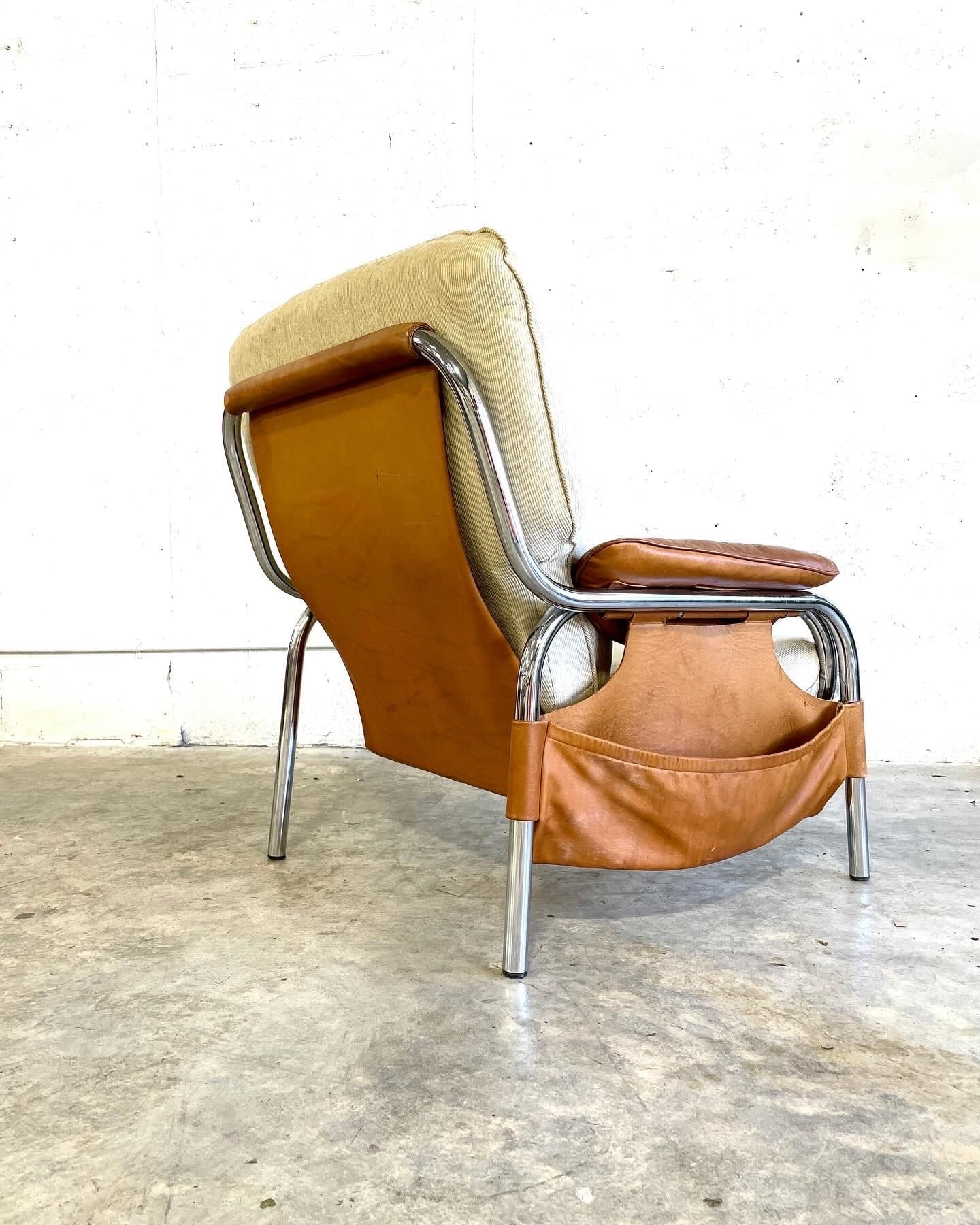 De Sede “Kangaroo” Leather and Chrome Lounge Chair for Hans Eichenberger 70s Danish Modern